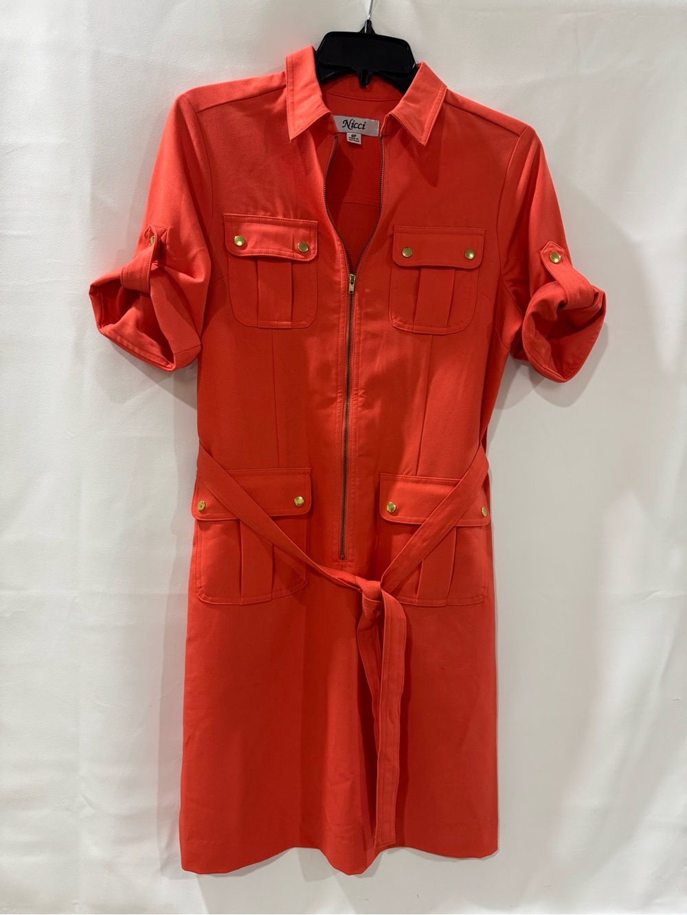 Red Zip-Front Utility Midi Dress with Waist Tie